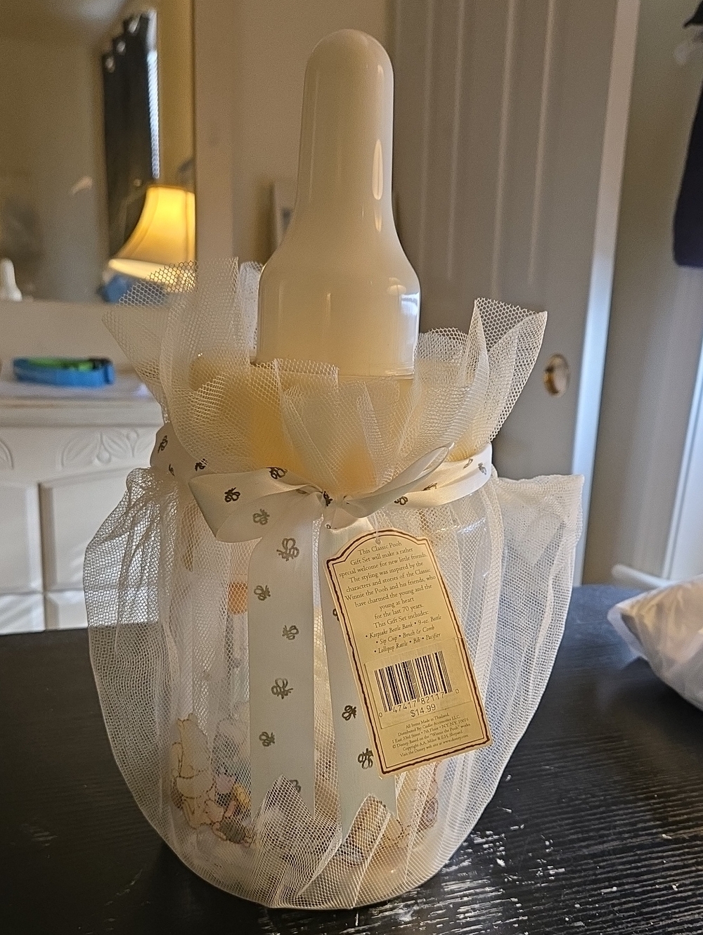 Cream Decorative Baby Bottle Centerpiece with Tulle and Ribbon